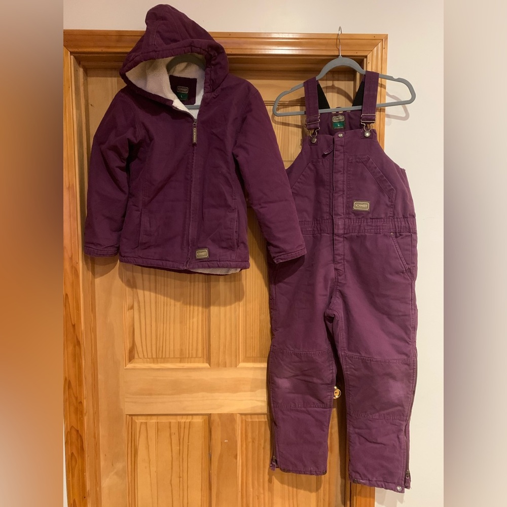 Youth size Large C.E. Schmidt Workwear insulated bibs and Sherpa lined coat